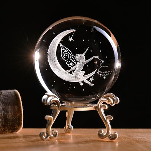 IFOLAINA 3D Fairy Crystal Ball with Stand 60mm Laser Engraved Moon Fairy Glass Ball Decorative Globes Crystal Fairy Sphere Gifts for Girl Her Fairy Lover Birthday Gifts for Daughters - Image 1