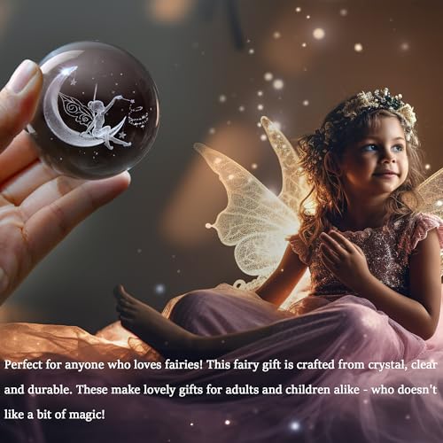 IFOLAINA 3D Fairy Crystal Ball with Stand 60mm Laser Engraved Moon Fairy Glass Ball Decorative Globes Crystal Fairy Sphere Gifts for Girl Her Fairy Lover Birthday Gifts for Daughters - Image 5