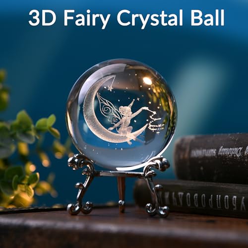 IFOLAINA 3D Fairy Crystal Ball with Stand 60mm Laser Engraved Moon Fairy Glass Ball Decorative Globes Crystal Fairy Sphere Gifts for Girl Her Fairy Lover Birthday Gifts for Daughters - Image 2