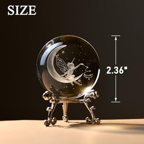 IFOLAINA 3D Fairy Crystal Ball with Stand 60mm Laser Engraved Moon Fairy Glass Ball Decorative Globes Crystal Fairy Sphere Gifts for Girl Her Fairy Lover Birthday Gifts for Daughters - Image 4
