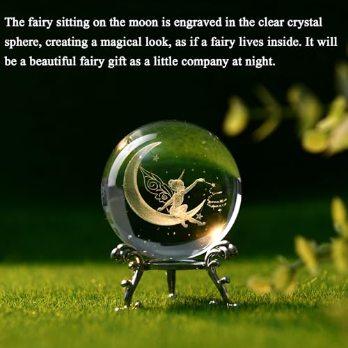 IFOLAINA 3D Fairy Crystal Ball with Stand 60mm Laser Engraved Moon Fairy Glass Ball Decorative Globes Crystal Fairy Sphere Gifts for Girl Her Fairy Lover Birthday Gifts for Daughters - Image 3