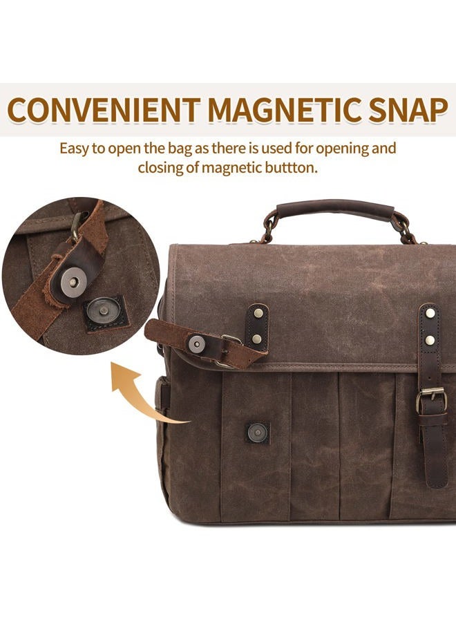 NerIion Messenger Bag for Men 15.6 Inch Genuine Leather Vintage Canvas Briefcase for Men Laptop Bag Computer Satchel Shoulder Bag (Brown), Brown - Image 3