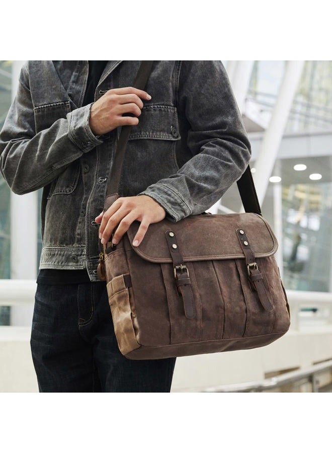 NerIion Messenger Bag for Men 15.6 Inch Genuine Leather Vintage Canvas Briefcase for Men Laptop Bag Computer Satchel Shoulder Bag (Brown), Brown - Image 2