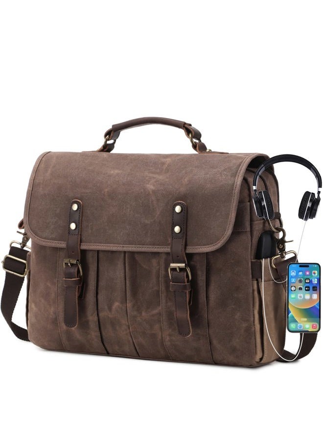 NerIion Messenger Bag for Men 15.6 Inch Genuine Leather Vintage Canvas Briefcase for Men Laptop Bag Computer Satchel Shoulder Bag (Brown), Brown - Image 1