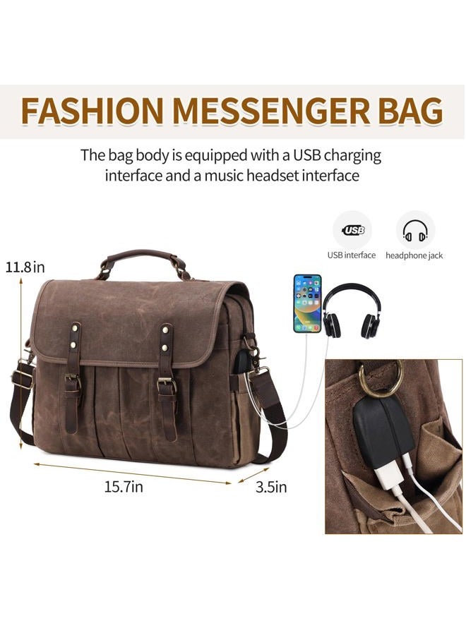 NerIion Messenger Bag for Men 15.6 Inch Genuine Leather Vintage Canvas Briefcase for Men Laptop Bag Computer Satchel Shoulder Bag (Brown), Brown - Image 4