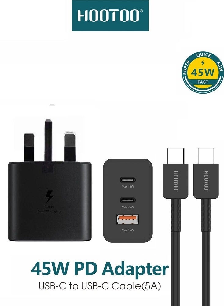 HooToo 45W PD Adapter Wall Charger With Three Ports (2*Type-C + 1*USB) supports PD Fast Charging With a Type-C to Type-C 1M Charging Cable That Supports fast Charging. In black - Image 1