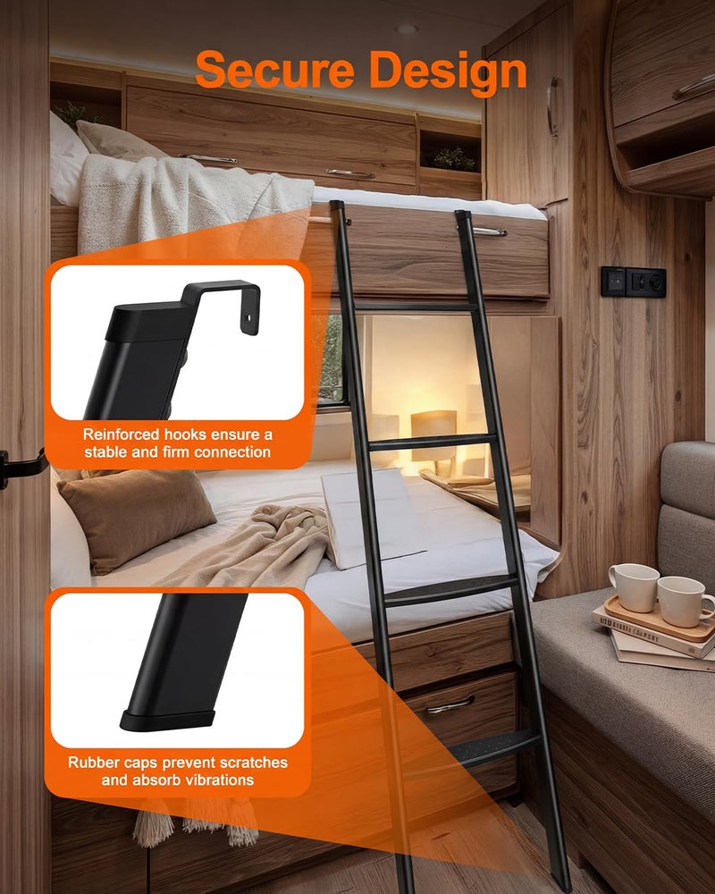 JY PERFORMANCE RV Bunk Bed Ladder, 50 Inch Anti-Slip Bunk Ladder, Heavy Duty 330lbs Max Capacity, Extra Wide Foot Steps, Integrated Hooks for Camper Motorhome Trailer, Black - Image 5