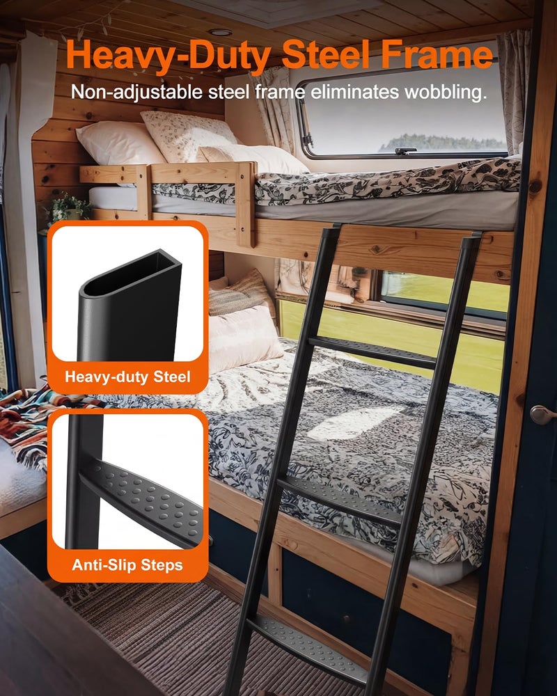 JY PERFORMANCE RV Bunk Bed Ladder, 50 Inch Anti-Slip Bunk Ladder, Heavy Duty 330lbs Max Capacity, Extra Wide Foot Steps, Integrated Hooks for Camper Motorhome Trailer, Black - Image 4