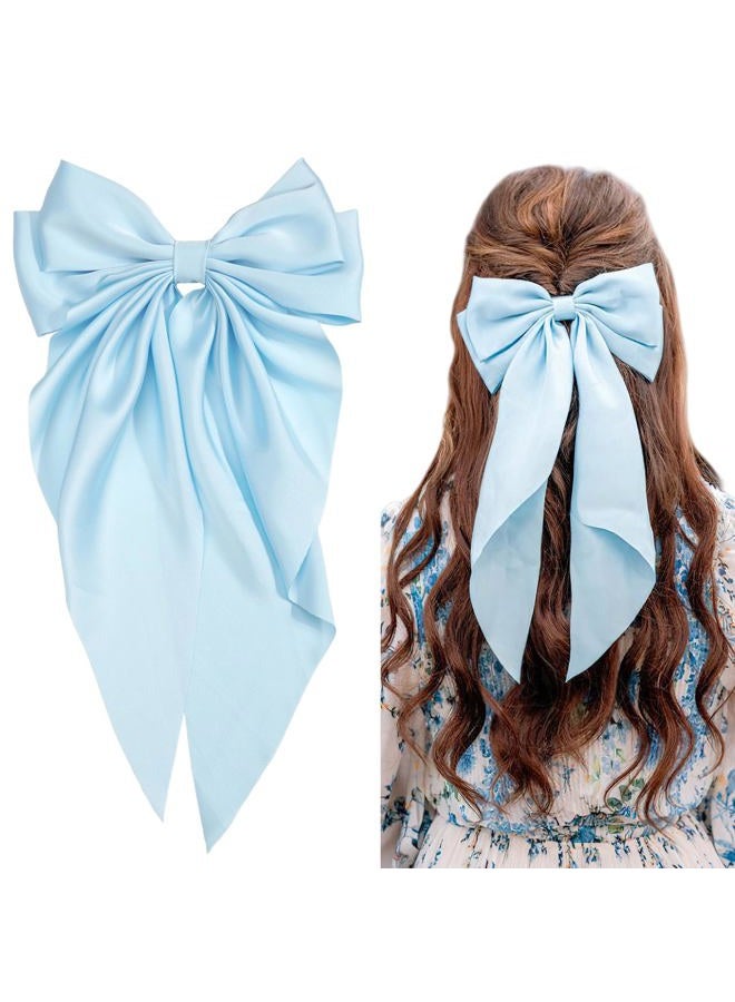 JOYOYO 1Pcs Silky Satin Hair Barrettes Clip for Women, Large Hair Bow Ribbon Clips for Girls Giant Long Bow Hair Clips Ponytail Holder Silk Big Hair Clips Accessories for Women and Girls(blue) - Image 1