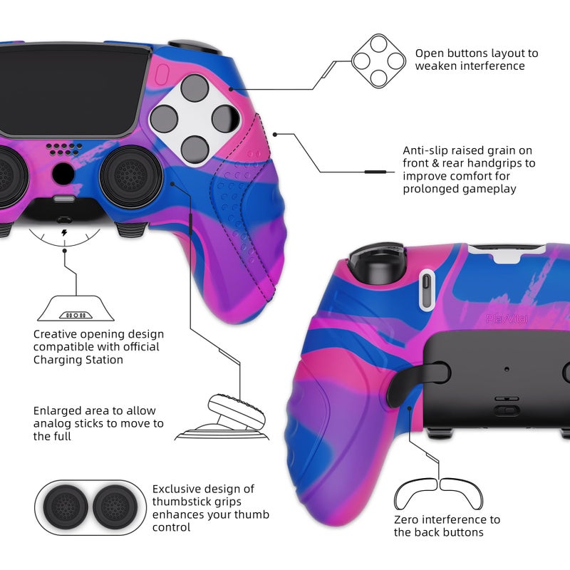 PlayVital Guardian Edition Anti-Slip Ergonomic Silicone Cover Case for ps5 Edge Controller, Soft Rubber Protector Skin for ps5 Edge Wireless Controller with Thumb Grip Caps - Pink & Purple & Blue - Image 3
