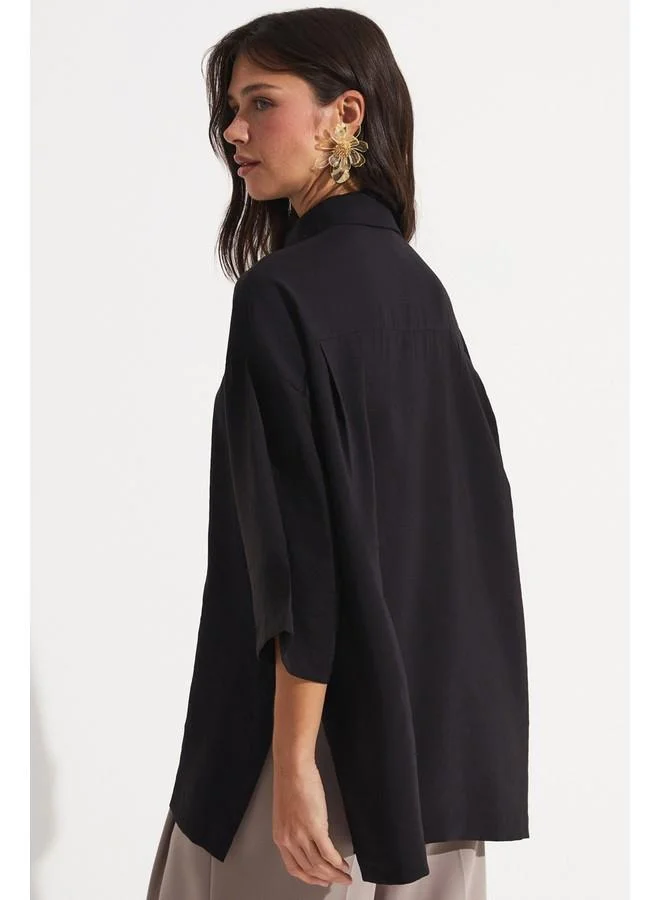 جون June Slit Detailed Flowy Shirt Black