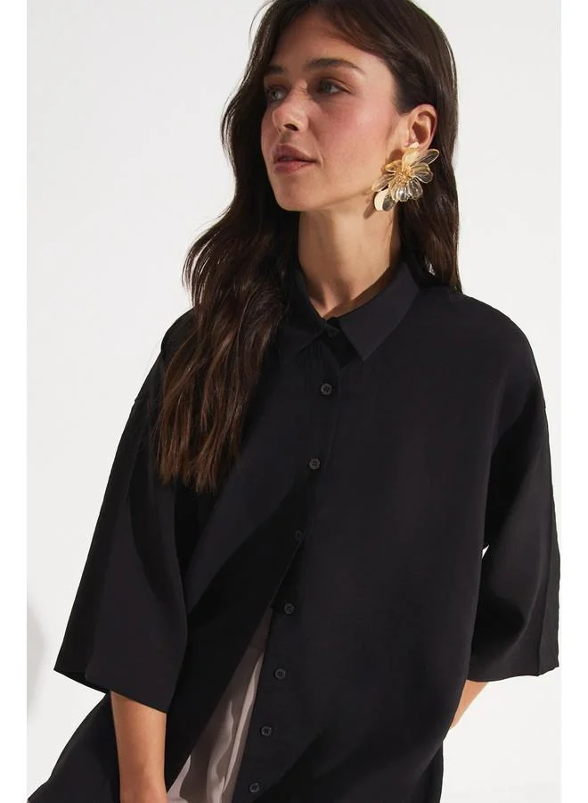 جون June Slit Detailed Flowy Shirt Black