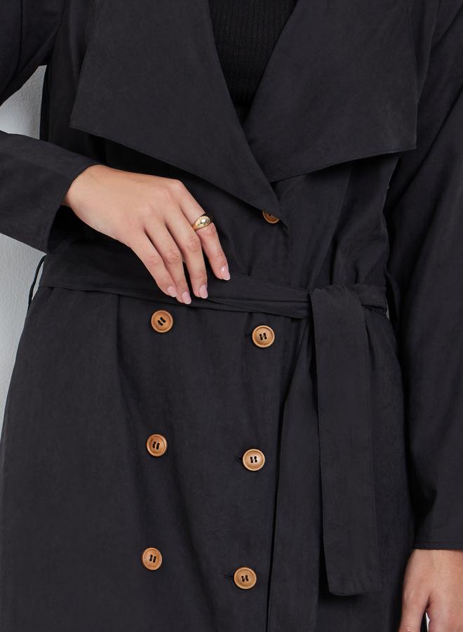 Styli Black Double Breasted Midi Trench Coat - Image 3