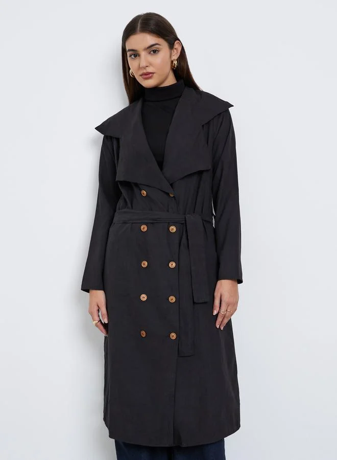 Styli Styli Black Double Breasted Midi Trench Coat