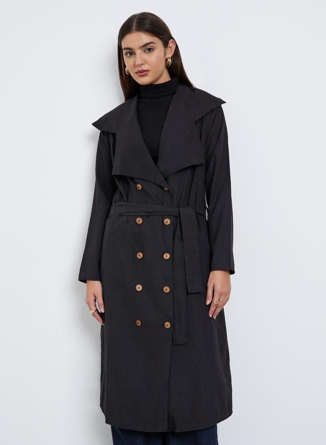 Styli Black Double Breasted Midi Trench Coat - Image 2