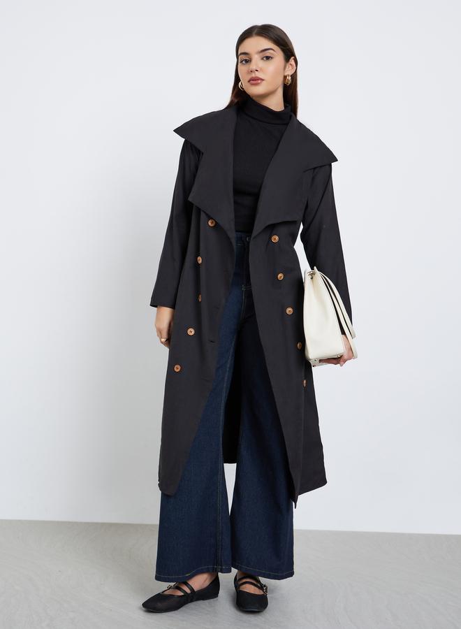 Styli Black Double Breasted Midi Trench Coat - Image 1