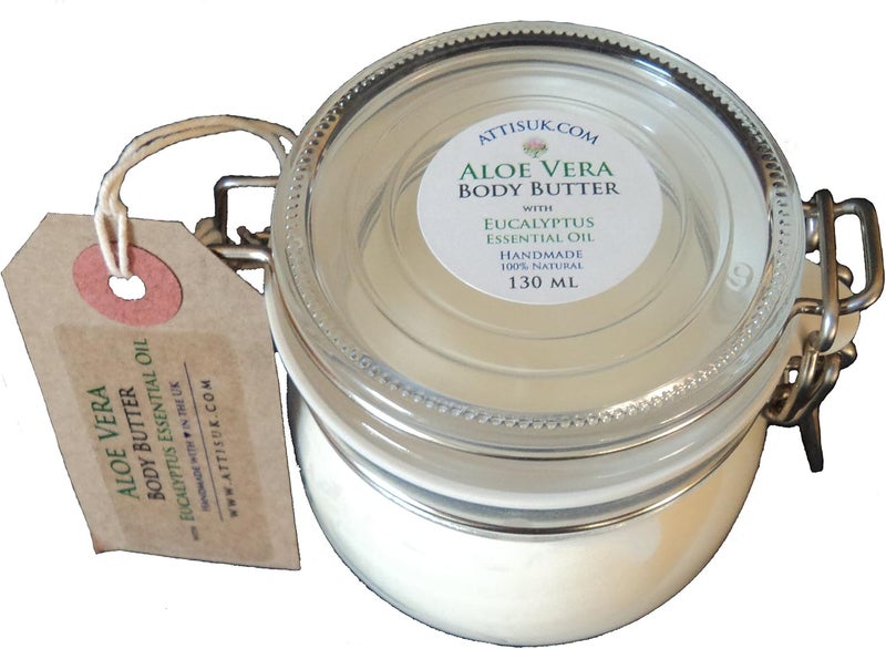 ATTIS Aloe Vera Body Butter with Eucalyptus Essential Oil Vegan moisturiser face Cream Hand Cream Natural Handmade 130ml