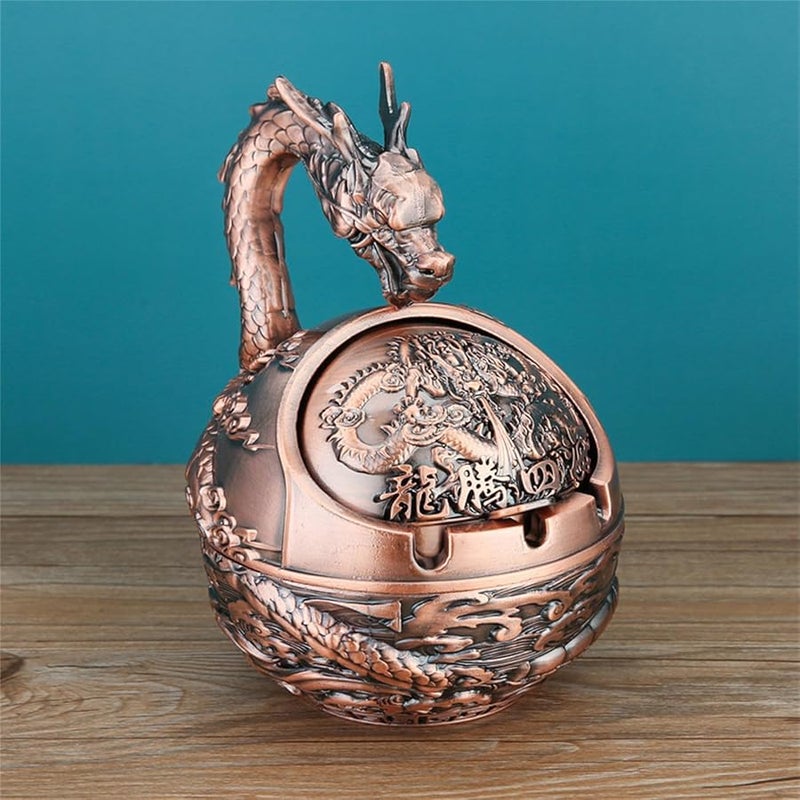 Bronze Metal Ashtray With Secure Lid Dragon Zodiac Carving For Home Decoration - Image 4