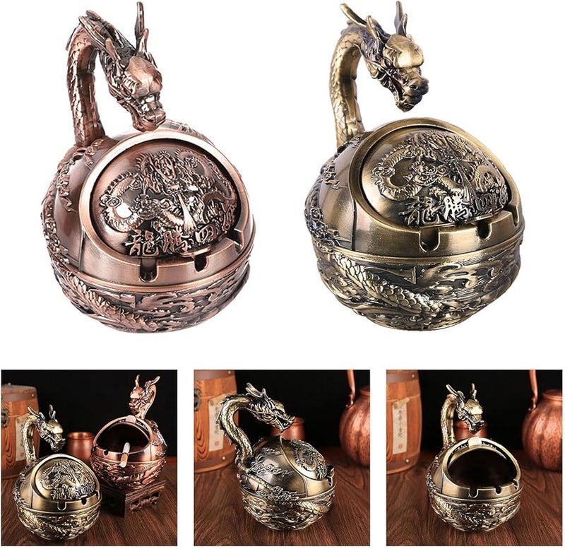 Bronze Metal Ashtray With Secure Lid Dragon Zodiac Carving For Home Decoration - Image 3