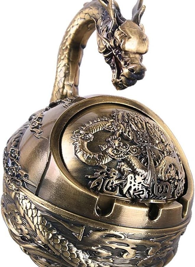 Bronze Metal Ashtray With Secure Lid Dragon Zodiac Carving For Home Decoration - Image 5