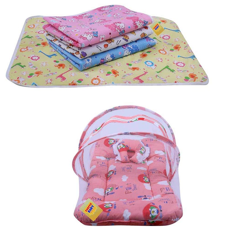 Fareto New Born Baby Combo of 1 Mosquito Net Bed and 4 Plastic Changing Diapers Mat/Massage Mat/Protection Mat(0-6 Months)(Peach) - Image 1