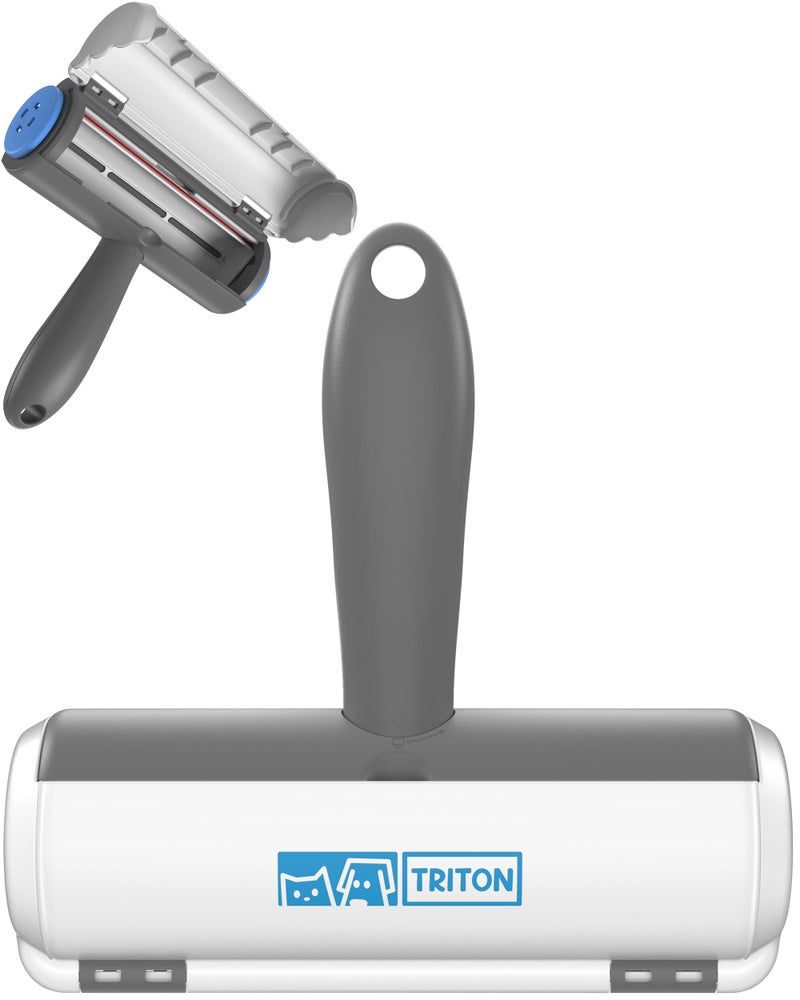 Triton Pet Hair Removal Tool w/Fur Trapping Compartment and Detachable Handle, 60% Smaller Storage Size, Reusable Shedding Roller, Cat and Dog Hair Remover for Car, Furniture, Carpet (Gray/White) - Image 1