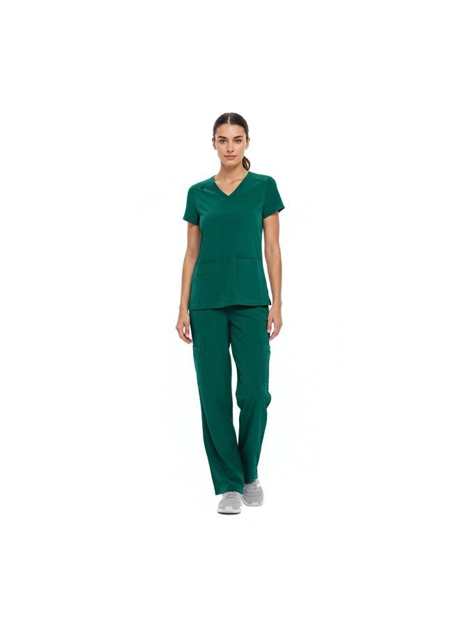 Natural Uniforms طقم بلوزة نسائية بفتحة على شكل V وسروال كارجو (أخضر صيد حقيقي، كبير-صغير) - Image 2