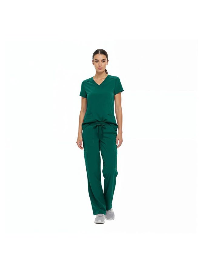 Natural Uniforms طقم بلوزة نسائية بفتحة على شكل V وسروال كارجو (أخضر صيد حقيقي، كبير-صغير) - Image 4