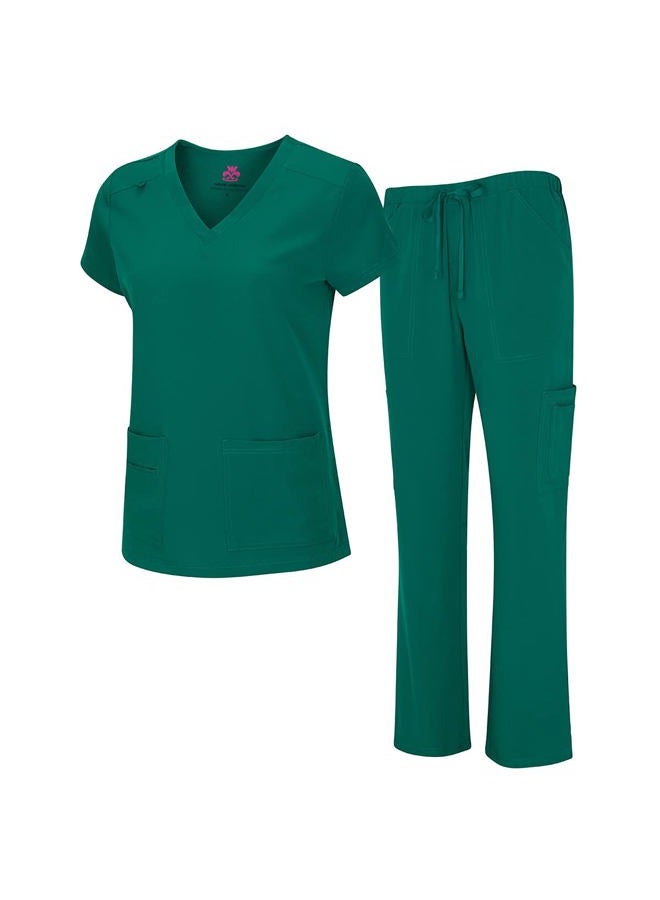 Natural Uniforms طقم بلوزة نسائية بفتحة على شكل V وسروال كارجو (أخضر صيد حقيقي، كبير-صغير) - Image 1