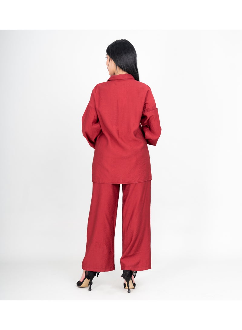 اكسا طقم عصري قطعتين بلوزة وبنطلون بتفاصيل كريستال أحمر - Image 4
