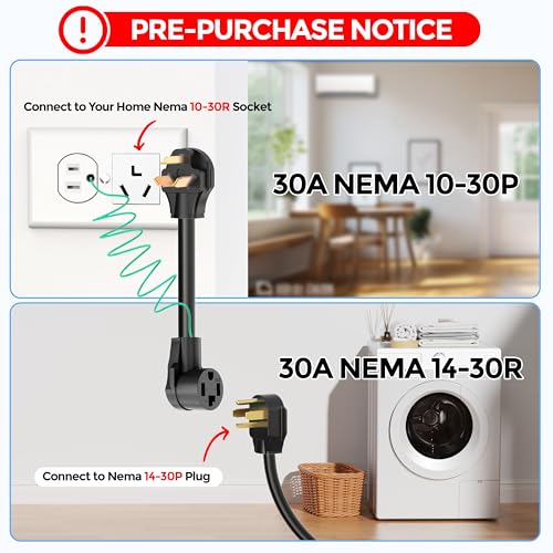 CircleCord Dryer Adapter 4 Prong to 3 Prong, 4P Newer to 3P Older House, Convert Cord NEMA 10-30P Plug to 14-30R Receptacle, 10 AWG STW 1.5FT With Safety Ground Wire, ETL Listed - Image 2