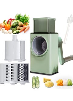 Manual Rotary Cheese Grater Shredder with Wider Hopper 3 Interchangeable Blades Round Mandolin Drum Slicer Julienne Grinder for Cheese, Vegetables, Potatoes and Nuts, Cyan