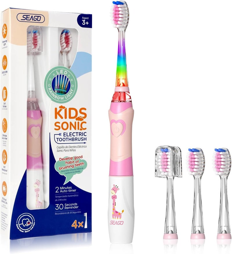 Seago Kids Electric Toothbrush with 2 Mins Brushing Timer and 4 Replacement Bursh Heads, Rainbow LED Light Make Brushing Fun, Green Color Boys Battery Powerd Toothbrush for 4-12 Years Old，SG-977 - Image 1