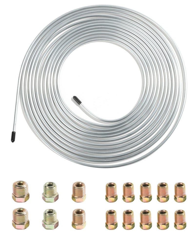 SUJADE YAKEFLY 25 Ft. 3/16 Copper Nickel Brake Line,Rustproof Brake Line Tubing Kit,Flexible Copper Coated Brake Line Tubing Coil with 16 Inverted Flare Fittings for Hydraulic Fuel Transmission (Silver) - Image 1