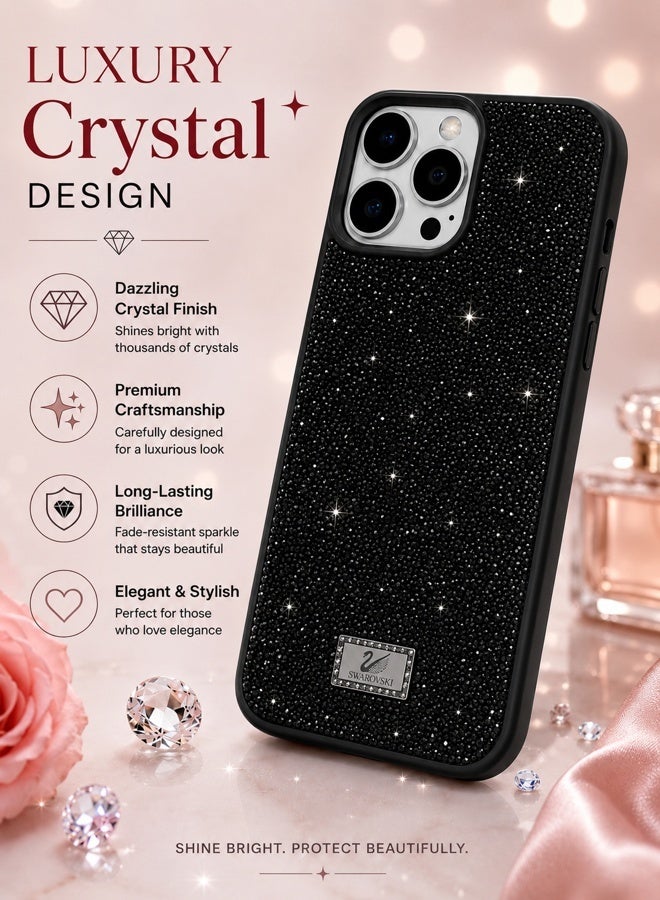 غطاء هاتف فاخر واقٍ مزين بأحجار الكريستال والراينستون اللامعة لهاتف Apple iPhone 16 Pro – أسود - Image 3