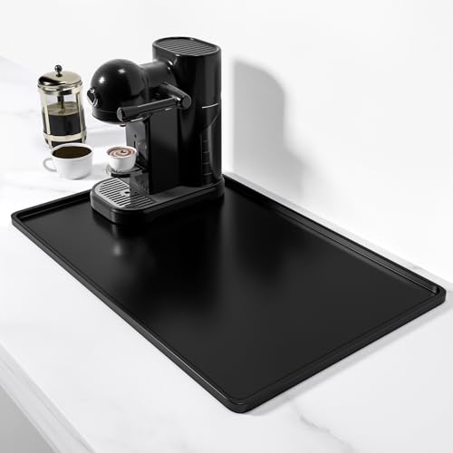 Rnivvi Silicone Coffee Mat 12 x 19 Waterproof Raised Edge Coffee Bar Mats for Espresso Machine Station Accessories Heat Resistant Dish Drying Pad for Kitchen Counter Rubber Bar Decor Pad Black
