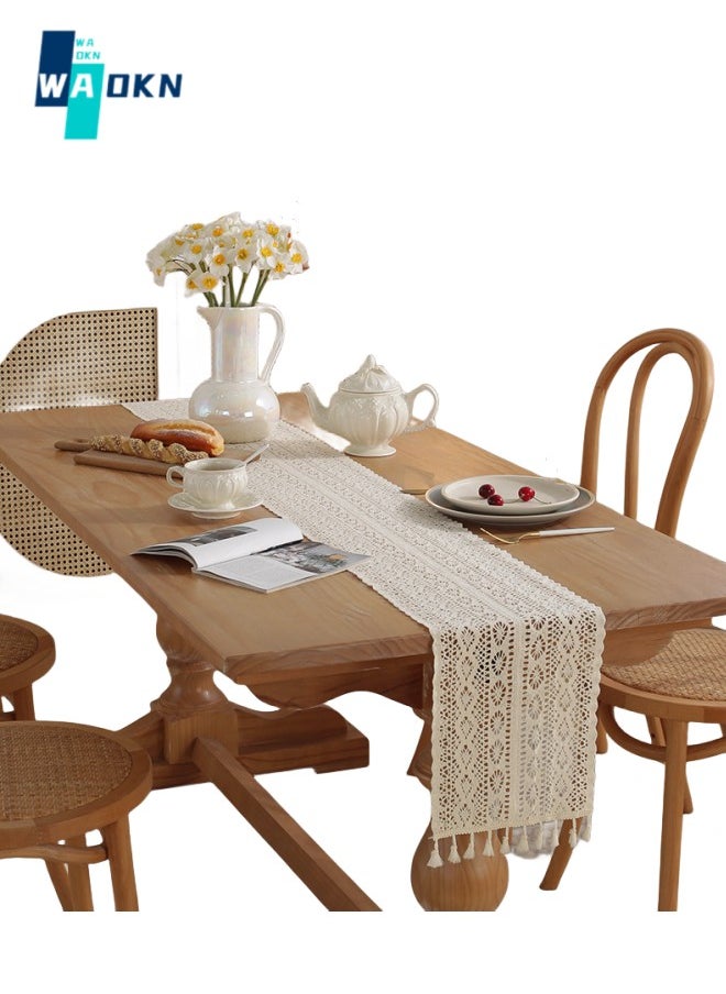 WAOKN 24 x 200 cm American Country Style Table Runner, Farmhouse Style Cotton Table Runner with Handmade Tassel, Suitable for Rustic Wedding Bridal Shower Family Table Decoration (Beige)  - Image 1