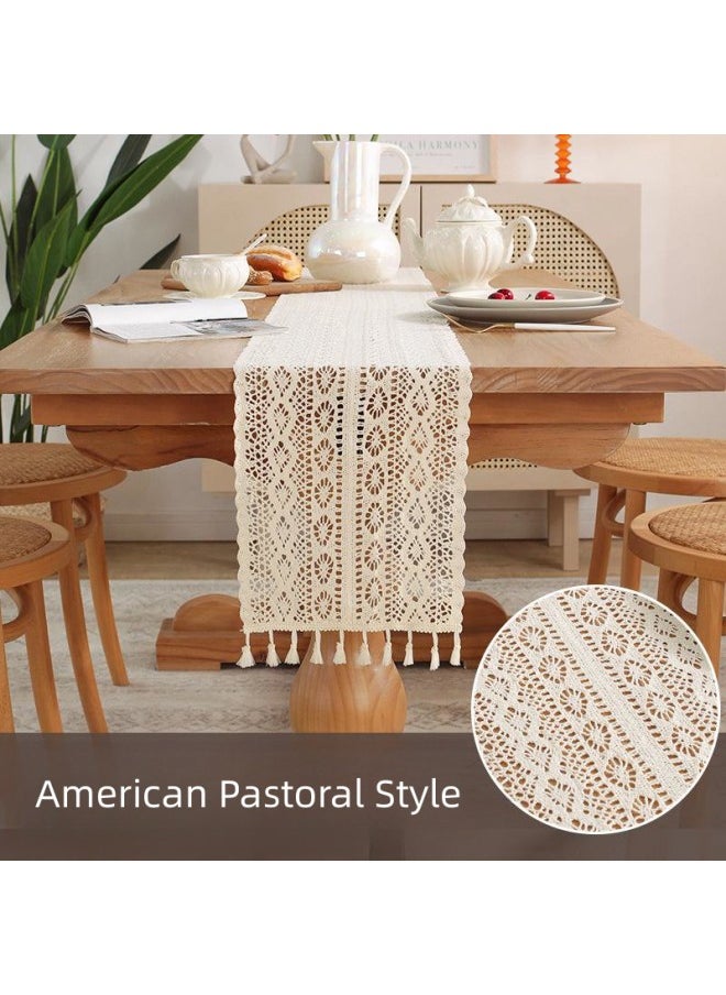 WAOKN 24 x 200 cm American Country Style Table Runner, Farmhouse Style Cotton Table Runner with Handmade Tassel, Suitable for Rustic Wedding Bridal Shower Family Table Decoration (Beige)  - Image 3