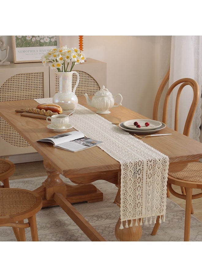 WAOKN 24 x 200 cm American Country Style Table Runner, Farmhouse Style Cotton Table Runner with Handmade Tassel, Suitable for Rustic Wedding Bridal Shower Family Table Decoration (Beige)  - Image 5
