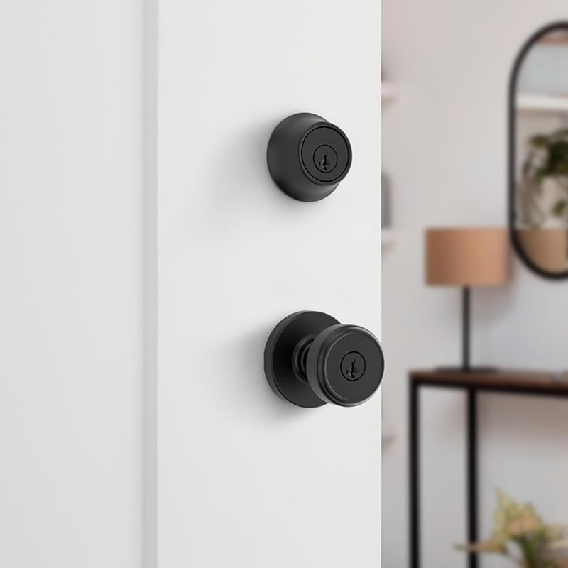 Kwikset Maven Front Door Lock Handle and Deadbolt Set Entry Handleset Round Exterior with Interior Door Knob Secure Locking Deadbolt Matte Black with Microban Protection - Image 2