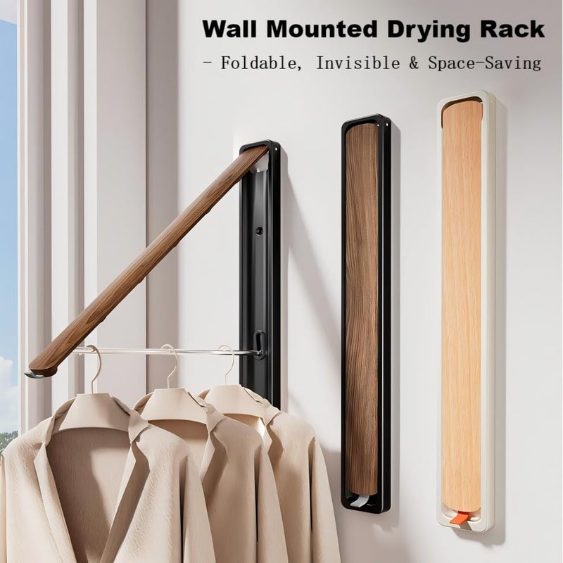 HGZBS Retractable Wall Mounted Drying Rack - Foldable Clothes Hanger in Walnut or Oak Color for Laundry Room, Closet & Balcony (Walnut, 2 Racks + Rod) - Image 3