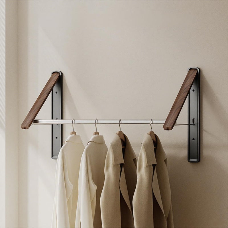 HGZBS Retractable Wall Mounted Drying Rack - Foldable Clothes Hanger in Walnut or Oak Color for Laundry Room, Closet & Balcony (Walnut, 2 Racks + Rod) - Image 1