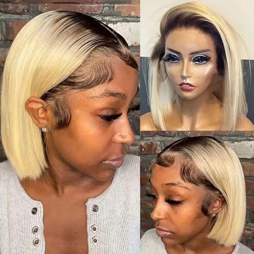 Smavida Glueless Lace Front Wigs Bob Human Hair Wigs Colored Ombre Blonde 13x4 HD Transparent Brazilian Virgin Human Hair 150 Density Pre Plucked with Bleached Knots Lace Frotal Bob Wig for Women - Image 1