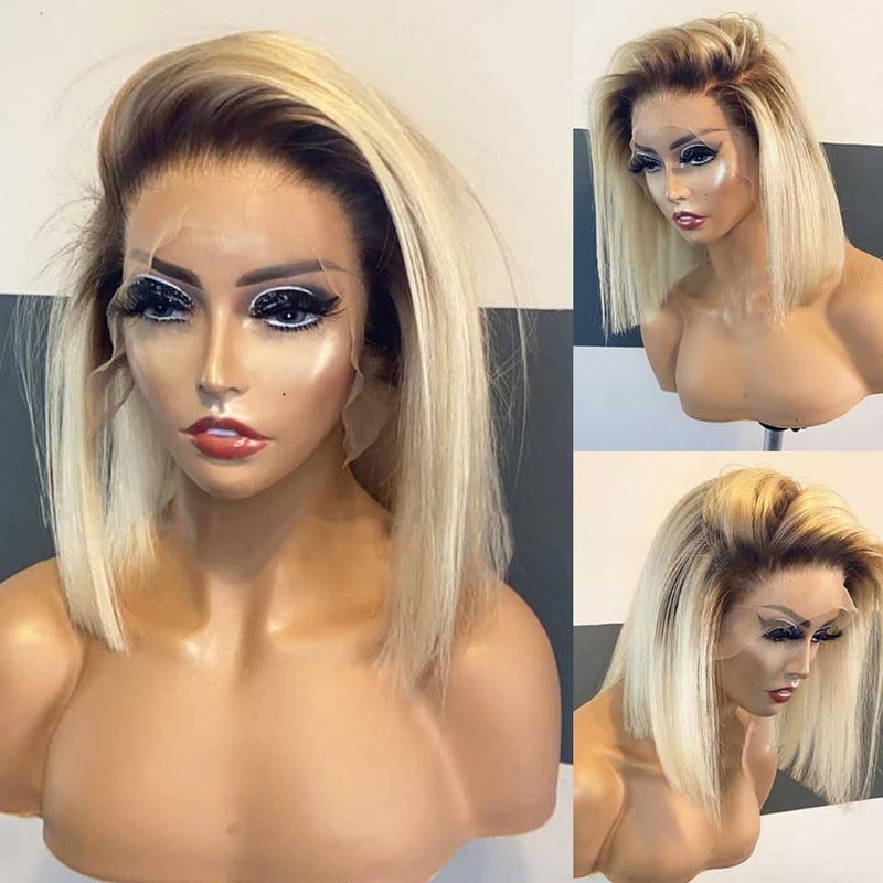 Smavida Glueless Lace Front Wigs Bob Human Hair Wigs Colored Ombre Blonde 13x4 HD Transparent Brazilian Virgin Human Hair 150 Density Pre Plucked with Bleached Knots Lace Frotal Bob Wig for Women - Image 5