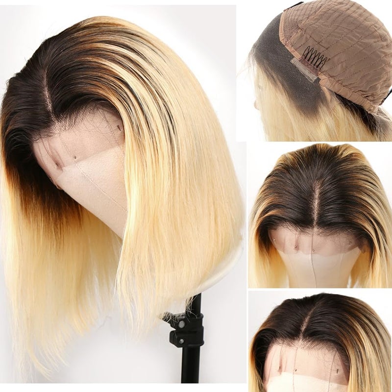 Smavida Glueless Lace Front Wigs Bob Human Hair Wigs Colored Ombre Blonde 13x4 HD Transparent Brazilian Virgin Human Hair 150 Density Pre Plucked with Bleached Knots Lace Frotal Bob Wig for Women - Image 4