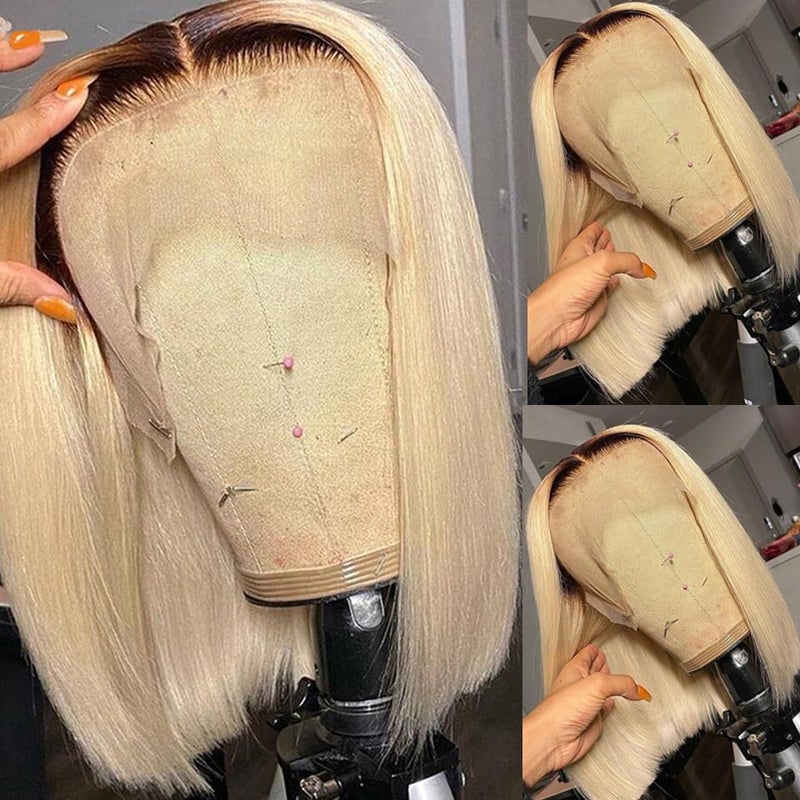 Smavida Glueless Lace Front Wigs Bob Human Hair Wigs Colored Ombre Blonde 13x4 HD Transparent Brazilian Virgin Human Hair 150 Density Pre Plucked with Bleached Knots Lace Frotal Bob Wig for Women - Image 2