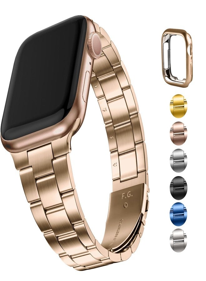 Fullmosa Compatible Metal Apple Watch Band 38mm 40mm 41mm, Upgraded Version Stainless Steel iWatch Strap with Case for iWatch Series 9/8/7/6/5/4/3/2/1/SE2/SE, Rose Gold - Image 1