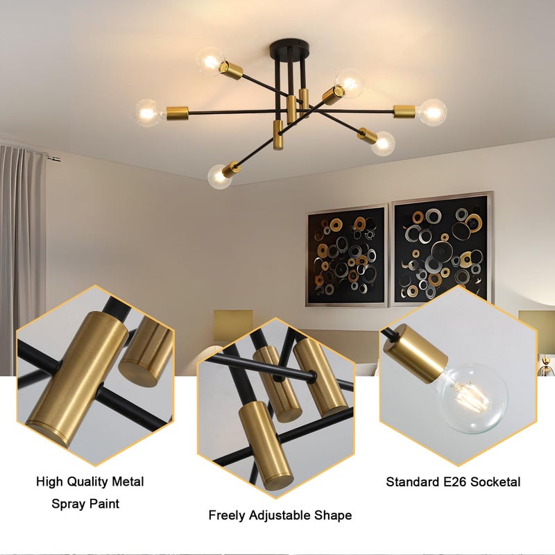 Tea Light Tealight Modern Sputnik Light Fixture, 6-Light Matte Black Flush Mount Ceiling Light, Mid-Century Modern Light Fixture for Bedroom, Dining Room, Living Room, Kitchen - Image 2
