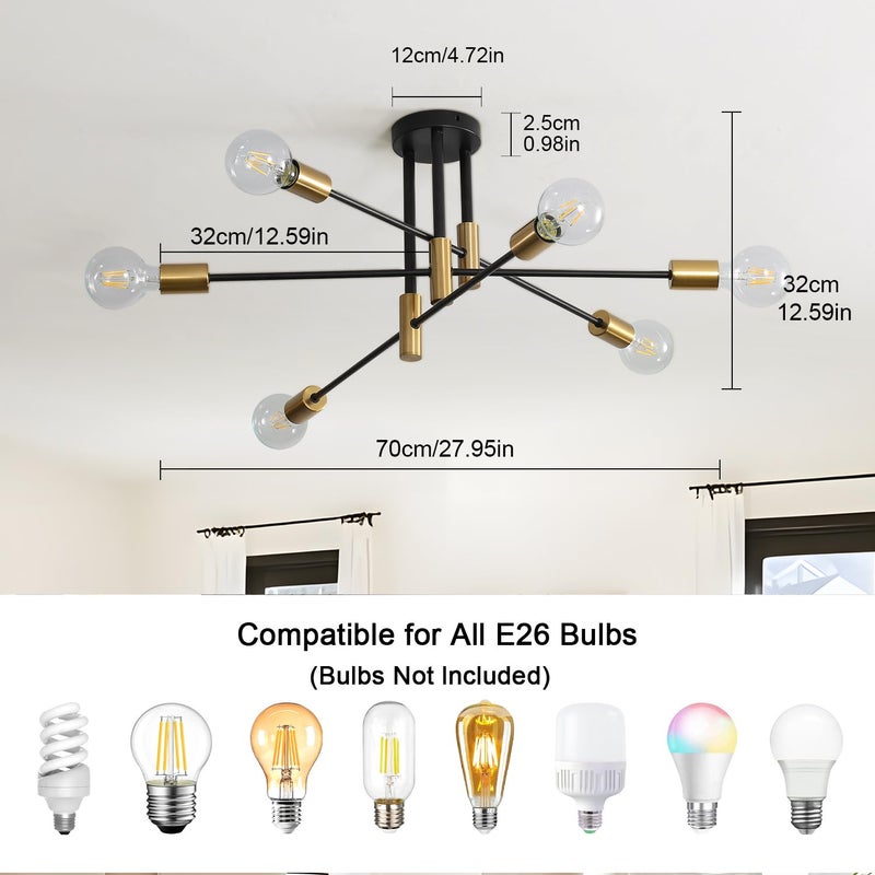 Tea Light Tealight Modern Sputnik Light Fixture, 6-Light Matte Black Flush Mount Ceiling Light, Mid-Century Modern Light Fixture for Bedroom, Dining Room, Living Room, Kitchen - Image 3
