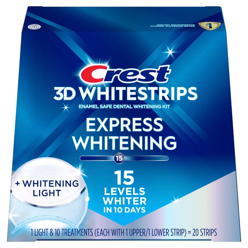 Crest 3D Whitestrips Express Whitening + LED Light â€“ Teeth Whitening Kit, 1 Light + 10 Treatments, Each with 1 Upper/1Lower, 20 Strips â€“ Crest 3DWhite Teeth Whitening Strips - Image 1